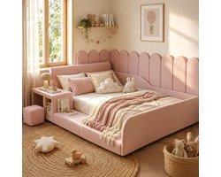 Kinderbed 140x200 cm - Tweepersoonsbed - Gestoffeerd bed - Vloerbed - Met opbergplanken - Met zacht hoofdeinde - Fluweelstof - Met bureau en stoel - Zacht en schokbestendig - Roze