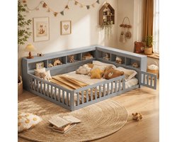 Kinderbed 140x200 cm - Tweepersoonsbed - Vloerbed - Grondbed - Multifunctioneel bed - Open opbergruimte - Met hoofdeinde - Met stopcontact en USB-poort - Met vangrail - Dennenhout - Ruimtebesparend - Snelle montage - Grijs