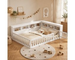 Kinderbed 140x200 cm - Tweepersoonsbed - Vloerbed - Grondbed - Multifunctioneel bed - Open opbergruimte - Met hoofdeinde - Met stopcontact en USB-poort - Met vangrail - Dennenhout - Ruimtebesparend - Snelle montage - Wit