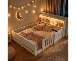 Kinderbed 140x200 cm - Tweepersoonsbed - Vloerbed - Multifunctioneel bed - Met veiligheidsleuning - Met led-lichtstrip - Hoofdbord met opbergruimte - Met een gewatteerde rugleuning - Wit