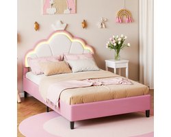 Kinderbed 140x200 cm voor meisjes, prinsessenbed met LED-verlichting, kroonvormig verstelbaar hoofdeinde, gestoffeerd flanel, tienerbed, roze, zonder matras