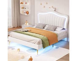 Kinderbed 140x200 – met LED – PU-Leer – Zonder Matras – Wit – Lattenbodem – Kroonvormig Hoofdbord – Voor Jongens en Meisjes – Bed met Led