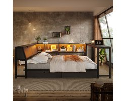 Kinderbed, 140x200 metaalbed met opberg-hoofdeinde, LED-verlichting, bureau & lades, multifunctioneel bed