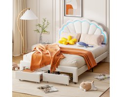 Kinderbed 140x200cm, LED tweepersoonsbed Gestoffeerd bed met hoofdeinde in bloemvorm, lattenbodem en opbergruimte, voor tienermeisjes, velours wit (zonder matras)