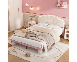Kinderbed - 140x200cm - Polsterbed met LED Strepen en Golfhoofdeinde - Ronde Poten, Lattenbodem - Fluweel + Hout - Beige/Roze