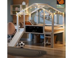 Kinderbed 90 x 200 cm, Hoogslaper met Veiligheidsladder en Glijbaan, met Graffiti-bord, Multifunctioneel Bed, Massief Houten Bed, Eenpersoonsbed, Stapelbed, Wit