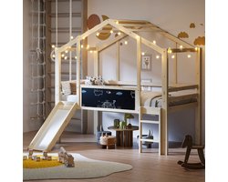 Kinderbed 90 x 200 cm, Hoogslaper met Veiligheidsladder en Glijbaan, met Graffiti-bord, Multifunctioneel Bed, Massief Houten Bed, Eenpersoonsbed, Stapelbed,Houtkleur
