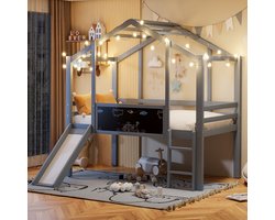 Kinderbed 90 x 200 cm, Hoogslaper met Veiligheidsladder en Glijbaan, met Graffiti-bord, Multifunctioneel Bed, Massief Houten Bed, Eenpersoonsbed, Stapelbed,Grijs
