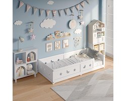 Kinderbed 90 x 200 cm, houten bed met veiligheidsbarrière en lattenbodem, Montessori-bedden, kinderbedden voor meisjes en jongens, zonder matras (wit, 90 x 200 cm)
