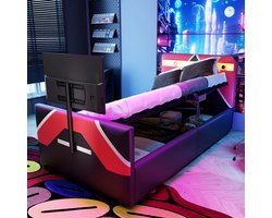 Kinderbed 90 x 200 cm – in esports-stijl – met PU-leren bekleding – blokkleurig ontwerp – LED-verlichting met kleurwisseling – hydraulische opbergruimte en geïntegreerde tv-beugel – multifunctioneel speelbed – zwart-rood