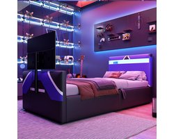 Kinderbed 90 x 200 cm – in esports-stijl – met PU-leren bekleding – blokkleurontwerp – LED-verlichting met kleurwisseling – hydraulische opbergruimte en geïntegreerde tv-beugel – multifunctioneel speelbed