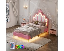 Kinderbed 90 x 200 cm, kroonprinsessenbed met in hoogte verstelbaar hoofdbord met ledverlichting en lattenbodem, gestoffeerd bed, meisjesbed, rugleuning, kinderbedframe, fluweel, zonder matras,Roze