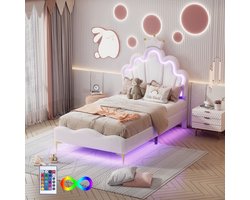 Kinderbed 90 x 200 cm, kroonprinsessenbed met in hoogte verstelbaar hoofdbord met ledverlichting en lattenbodem, gestoffeerd bed, meisjesbed, rugleuning, kinderbedframe, fluweel, zonder matras, wit