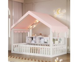 Kinderbed – 90 x 200 cm – MDF en Hout – Wit – Met Stoffen Hemel, Ledverlichting, Boekenrek en Veiligheidshek