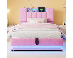 Kinderbed 90 x 200 cm - met LED-verlichting - USB-poort en opbergruimte - metalen frame - roze - zonder matras