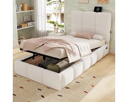 Kinderbed 90 x 200 cm - met opbergruimte en USB-oplaadpoort - gestoffeerd hoofdeinde - grof geweven stof - beige