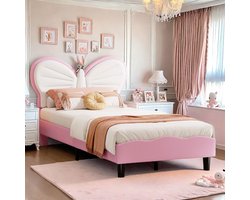 Kinderbed 90 x 200 cm prinsessenbed met ledverlichting, verstelbaar hoofdbord, gewatteerd gestoffeerd eenpersoonsbedframe met lattenbodem voor kinderen en meisjes, fluweelroze (90x200cm roze vlindervorm)