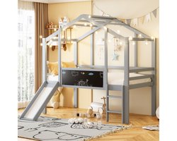 Kinderbed 90 x 200 cm, zoldermodel met veiligheidsladder en glijbaan, met graffiti krijtbord, multifunctioneel bed, massief houten bed, eenpersoonsbed, stapelbed, grijs
