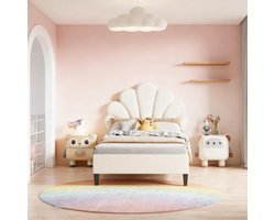 Kinderbed 90 x 200 Meisjesbed, gestoffeerd bed, fluweel met gebloemd schelpachtig hoofdeinde en lattenbodem, tienerbed, eenpersoonsbed met gouden metalen poten, velours bedframe (beige, 90 x 200