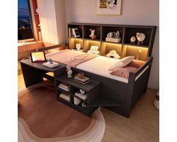 Kinderbed 90×200 cm, Eenpersoonsbed, Multifunctioneel Bed, Bureau Met Opbergruimte En Stopcontacten, Voorzien Van Ledverlichting En Opbergvakken Met Meerdere Niveaus, Eenpersoonsbed Van Massief Hout, Tienerbed, Grijs
