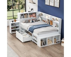Kinderbed, 90*200 cm, eenpersoonsbed, multifunctioneel kinderbed met lades, boekenrek en opbergkast, grote opbergruimte, lattenbodem, zonder matras, wit
