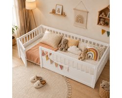 Kinderbed 90x190 cm - Eenpersoonsbed - Vloerbed - Grondbed - Dennenhout - Met veiligheidsleuning - Snel Gemonteerd - Wit