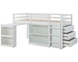 Kinderbed 90x190 cm Hoogslaper (zonder matras), halfhoog bed van wit grenenhout met bureau en opbergruimte voor kinderkamer