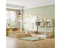 Kinderbed 90x200 cm (140x70 cm) Met raam en schoorsteen in de vorm van een huis Met planken, kamerhoge massief houten bedbodem Met veiligheidshek en lattenbodem, houtkleur