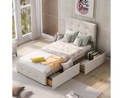 Kinderbed 90x200 cm Beige Met Opbergruimte, Lattenbodem, Laden