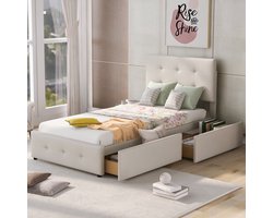 Kinderbed 90x200 cm – Crème Gestoffeerd Bed met Opberglade, Verstelbaar Hoofdbord en Stalen Frame