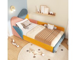 Kinderbed 90x200 cm - Eenpersoons Bed Met Verhoogde Zijbescherming - Zonder matras - Zachte Stoffen Bekleding - Veelkleurig