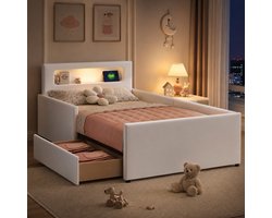 Kinderbed 90x200 cm - Eenpersoonsbed 90x200 cm - Vloerbed - Gestoffeerd bed - Multifunctioneel bed - Met hoofdbord - Met opbergvak - Met nachtlampje - Met USB-oplaadpoort - Veilig en comfortabel - Wit