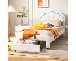 Kinderbed 90x200 cm, eenpersoonsbed, gestoffeerd bed, meisjesbed, bedframe met bloemenmotief, opbergbed met ledverlichting en lade, lattenbodem, zonder matras, fluweel, wit