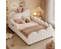 Kinderbed 90x200 cm - Eenpersoonsbed - Gestoffeerd bed - Met hoofdbord - Met veiligheidsreling - Kussen in de vorm van een konijn - Zacht en comfortabel - Stabiel & duurzaam - Snel Gemonteerd - Beige