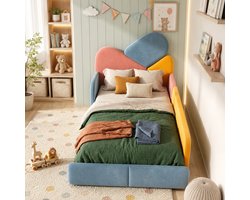 Kinderbed 90x200 cm - Eenpersoonsbed - Gestoffeerd bed - Met hoofdeinde - Met verhoogde zijbescherming - Met lattenbodem - Patchworkontwerp - Veilig en comfortabel - Multicolor