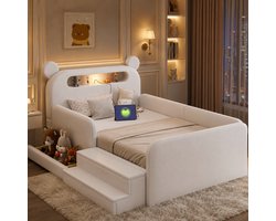 Kinderbed 90x200 cm - Eenpersoonsbed - Gestoffeerd bed - Multifunctioneel bed - Vloerbed - Met opbergvak - Met nachtlampje - Met USB-oplaadpoort - Veilig en comfortabel - Wit
