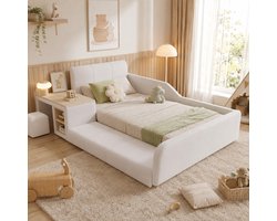 Kinderbed 90x200 cm - Eenpersoonsbed - Gestoffeerd bed - Vloerbed - Met opbergplanken - Met zacht hoofdeinde - Fluweelstof - Met bureau en stoel - Zacht en schokbestendig - Wit