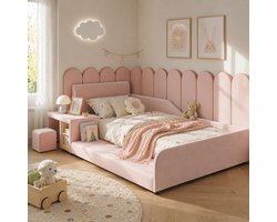 Kinderbed 90x200 cm - Eenpersoonsbed - Gestoffeerd bed - Vloerbed - Met opbergplanken - Met zacht hoofdeinde - Fluweelstof - Met bureau en stoel - Zacht en schokbestendig - Roze