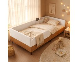 Kinderbed 90x200 cm - Eenpersoonsbed - Gestoffeerd bed - Vloerbed - Met opbergtas - Volledig beklede vangrail - Ontwerp van fluweel en hout - Zacht en schokbestendig - Wit