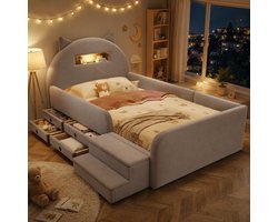 Kinderbed 90x200 cm - Eenpersoonsbed - Gestoffeerd bed - Vloerbed - Multifunctioneel bed - Met opbergvak - Met nachtlampje - Met hoofdbord - Met USB-oplaadpoort - Afneembare voetsteun - Veilig en comfortabel - Lichtgrijs