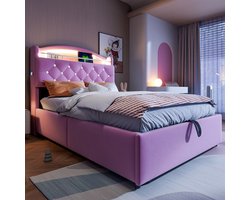 Kinderbed 90x200 cm - eenpersoonsbed met opbergruimte - inclusief LED-verlichting en USB - roze - zonder matras