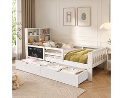 Kinderbed 90x200 cm - Eenpersoonsbed - Multifunctioneel bed - Opbergbed - Vloerbed - Met veiligheidsreling - Met lades - Veilig en comfortabel -Wit