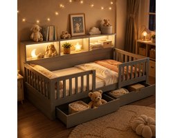 Kinderbed 90x200 cm - Eenpersoonsbed - Multifunctioneel bed - Vloerbed - Met veiligheidsleuning - Met opbergruimte - Met led-lichtstrip - Met lades - Grijs