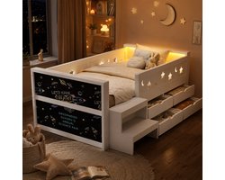 Kinderbed 90x200 cm - Eenpersoonsbed - Opbergbed - Multifunctioneel bed - Met hoofdbord - Met lades - Met LED-lichtstrips - Creatief schoolbordontwerp - Met vangrails - Stevig en veilig - Wit