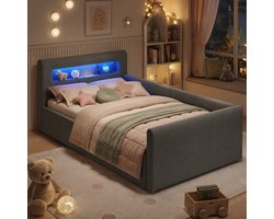 Kinderbed 90x200 cm - Eenpersoonsbed - Opbergbed - Multifunctioneel bed - Met hydraulische functie - Met hoofdbord - Met nachtlampje - Met opbergvak - Met USB-oplaadpoort - Veilig en comfortabel - Donkergrijs