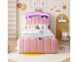 Kinderbed 90x200 cm - Eenpersoonsbed - Opbergbed - Multifunctioneel bed - Met hydraulische functie - Met Opvouwbaar hoofdbord - Met LED-lamp - Met opbergvak - Met USB-oplaadpoort - Veilig en comfortabel - Roze