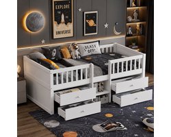Kinderbed 90x200 cm - Eenpersoonsbed - Vloerbed - Grondbed - Multifunctioneel bed - Met 4 lades - Met vangrail - Met opbergruimte - Dennenhout - Ruimtebesparend - Snelle montage - Wit