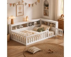 Kinderbed 90x200 cm - Eenpersoonsbed - Vloerbed - Grondbed - Multifunctioneel bed - Open opbergruimte - Met hoofdeinde - Met stopcontact en USB-poort - Met vangrail - Dennenhout - Ruimtebesparend - Snelle montage - Wit