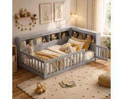Kinderbed 90x200 cm - Eenpersoonsbed - Vloerbed - Grondbed - Multifunctioneel bed - Open opbergruimte - Met hoofdeinde - Met stopcontact en USB-poort - Met vangrail - Dennenhout - Ruimtebesparend - Snelle montage - Grijs