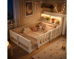 Kinderbed 90x200 cm - Eenpersoonsbed - Vloerbed - Multifunctioneel bed - Met veiligheidsleuning - Met led-lichtstrip - Hoofdbord met opbergruimte - Met een gewatteerde rugleuning - Wit